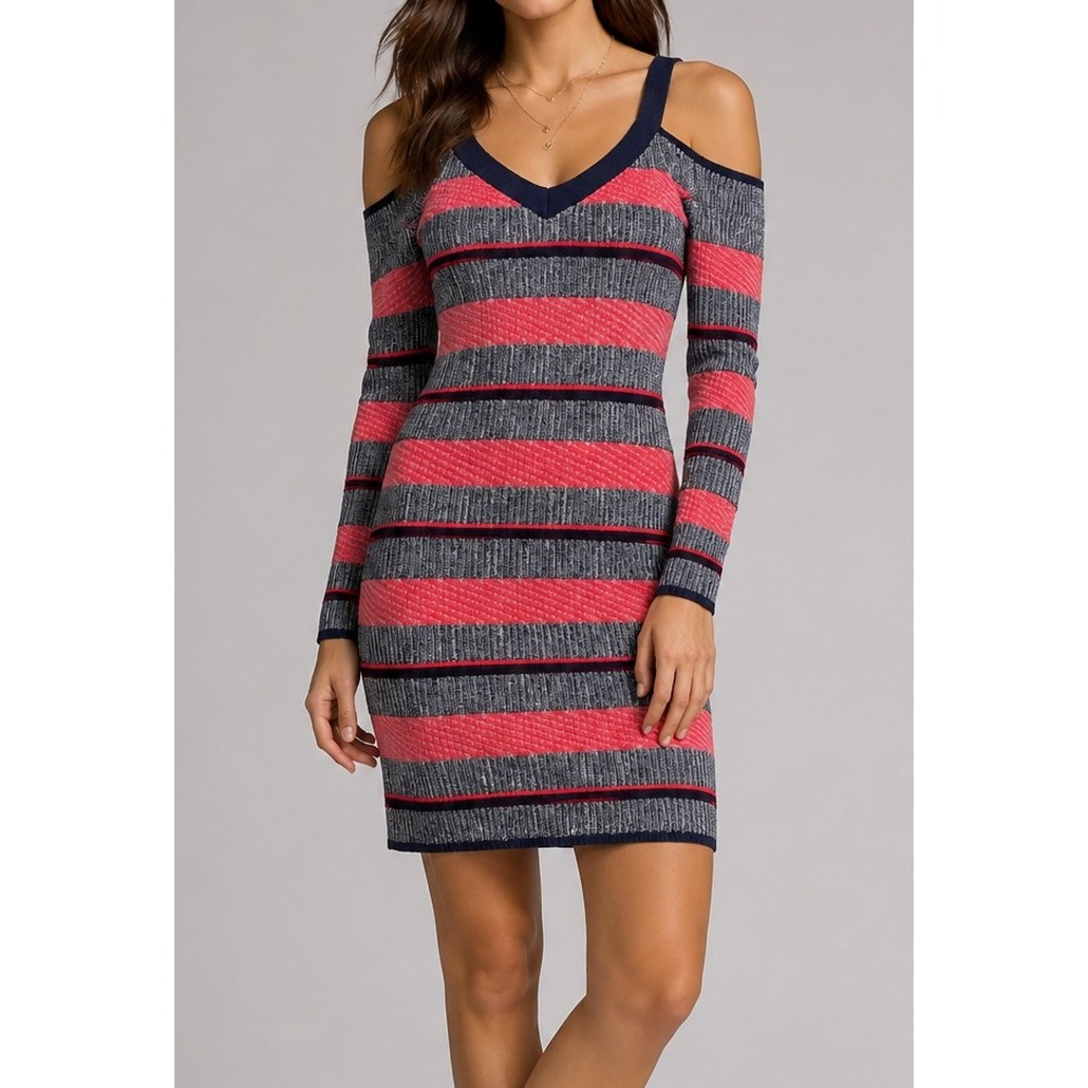 BCBGeneration Cold Shoulder Sweater Dress Womens XXS Navy Red Striped Bodycon